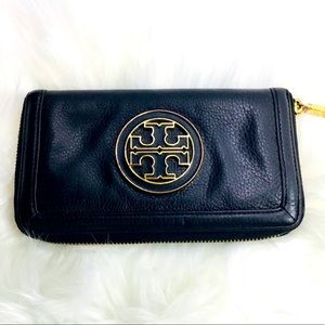 Tory Burch Leather Wallet Zipper Logo Multiple Card Slots Gold Tone Black